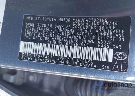 2015 Toyota Corolla L z USA, uszkodzony, nr VIN 2T1BURHE6FC262945